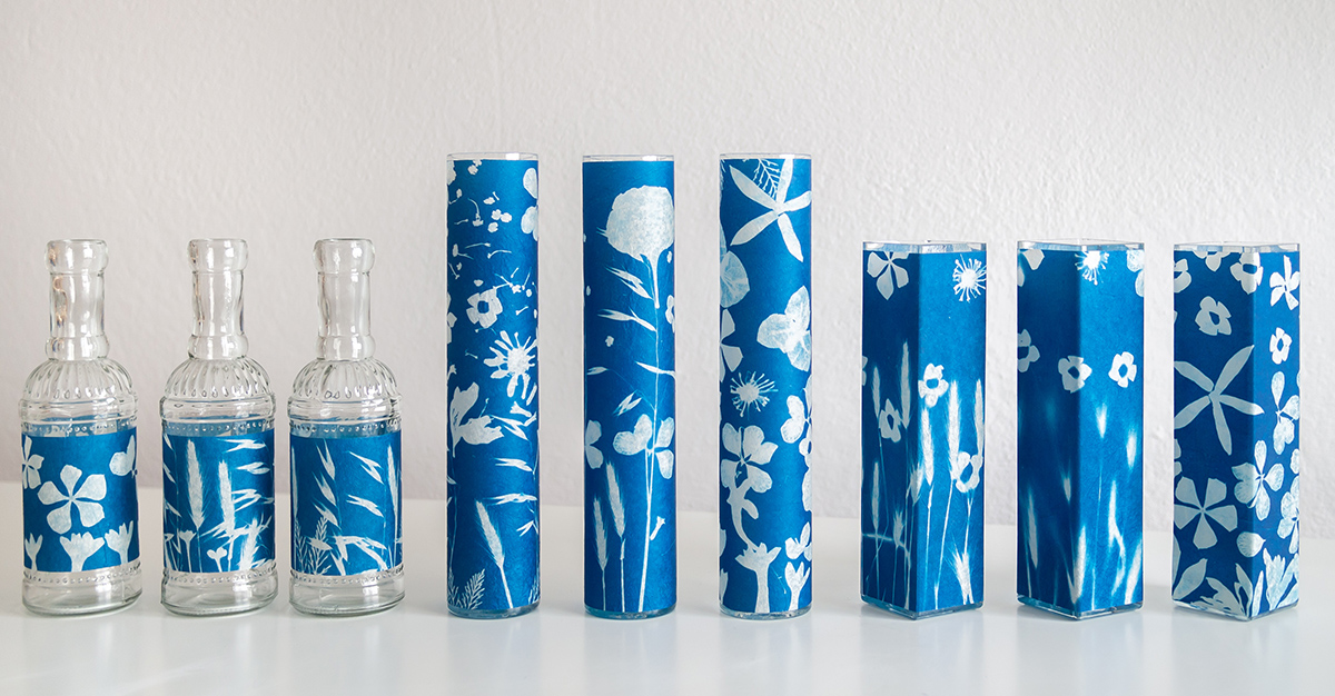 flower vases printed in cyanotype