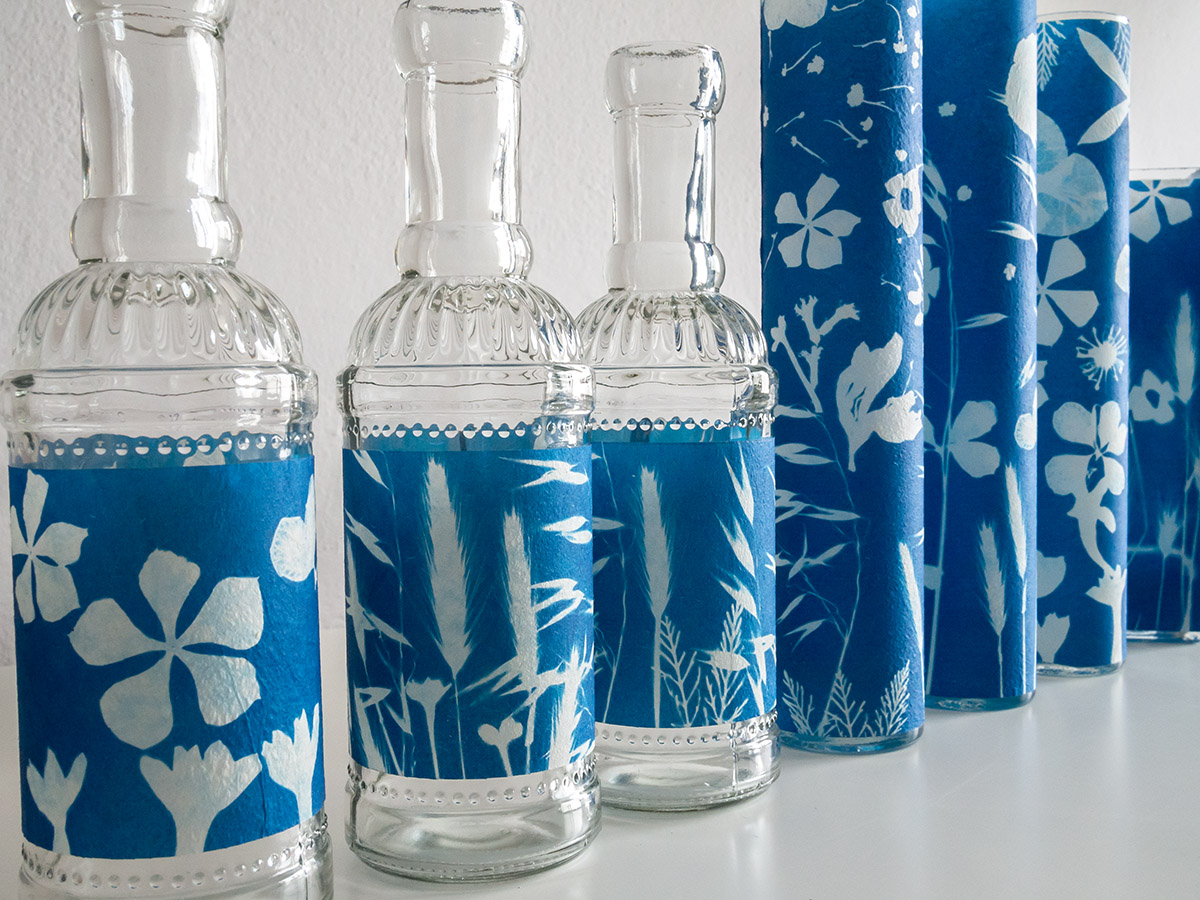 flower vases printed in cyanotype